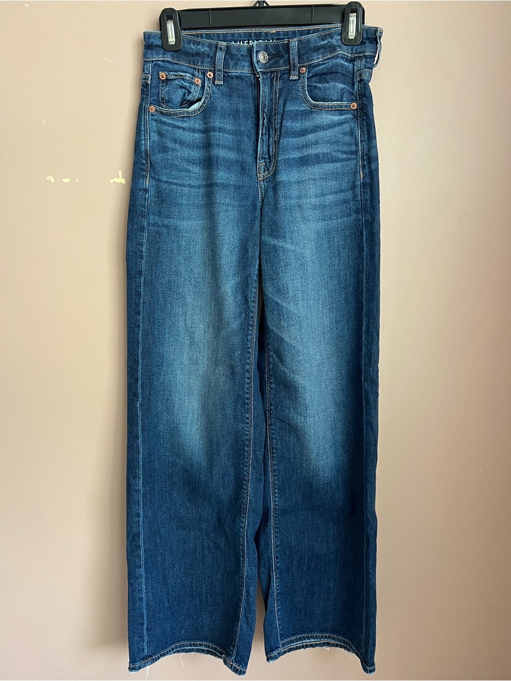 American Eagle dreamy drape stretch super high waisted baggy wide leg jean 00 R